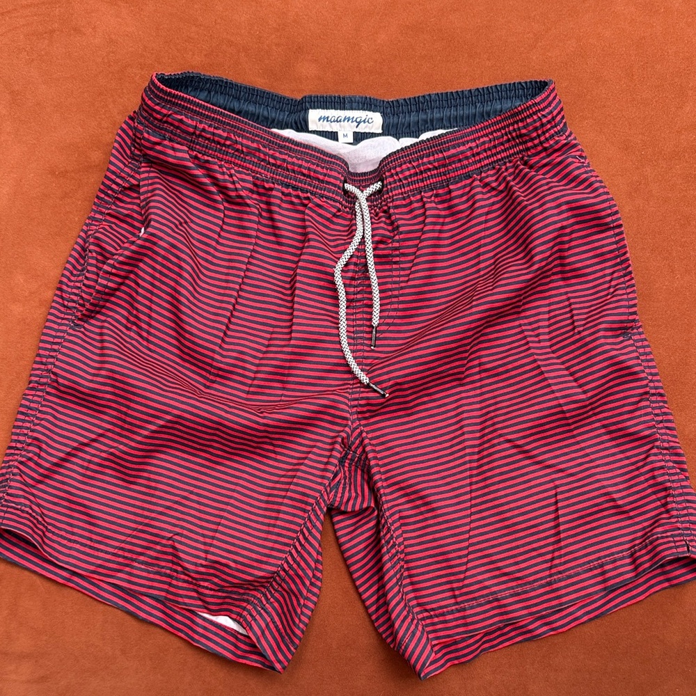 Men's Red and Blue Striped Swim Trunks